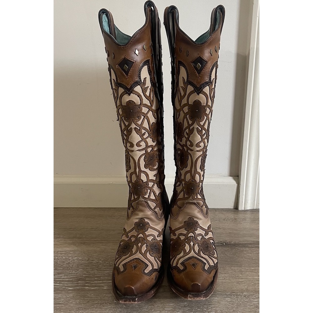 Corral Women's Floral Overlay Studs Snip Toe Cowboy Boots Western Sz 7 $265 Flaw